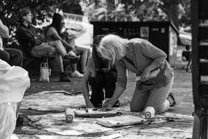 Gudrun Leser during the Listening Session: Schneller Wohnen - The Music of Freiburg's Squatters. Stadtgarten, 2023.