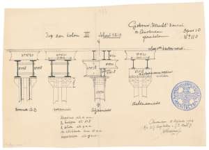 Technische tekening van J.F. Staal voor het kantoor en magazijn ‘De Utrecht’ op de Damrak te Amsterdam, 1904. Inventarisnummer: STAXpf9.8, Collectie Het Nieuwe Instituut.